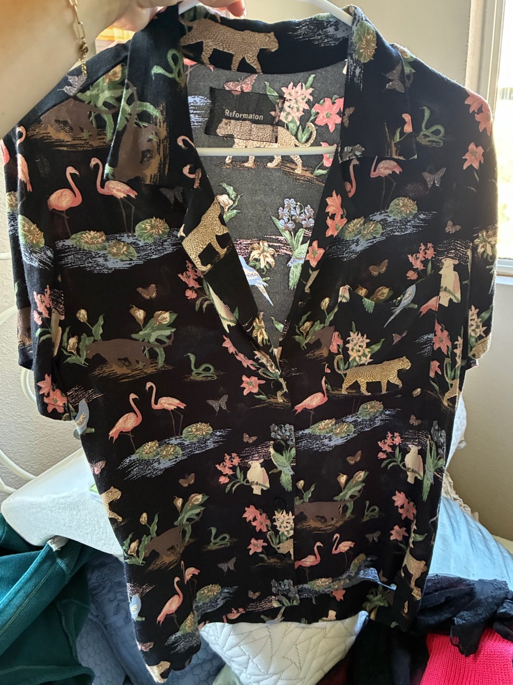 Reformation Black Floral & Animal Print Short Sleeve Button Shirt